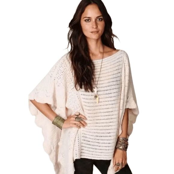 EUC Free People Snow Nymph Blush Cream Crochet Ruffles Wool Blend Asymmetrical P - Picture 1 of 7